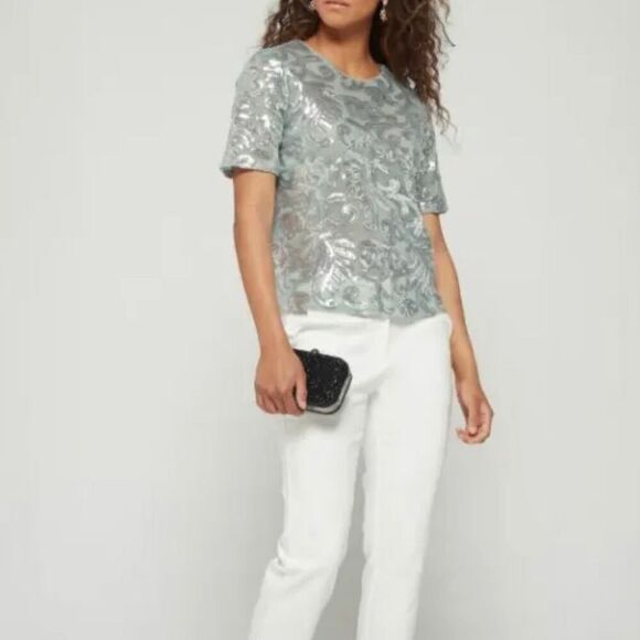 Vero Moda, Dione Sequined Sheer Top Sea Foam Green Jadeite Silver, Women’s Large - Picture 1 of 15